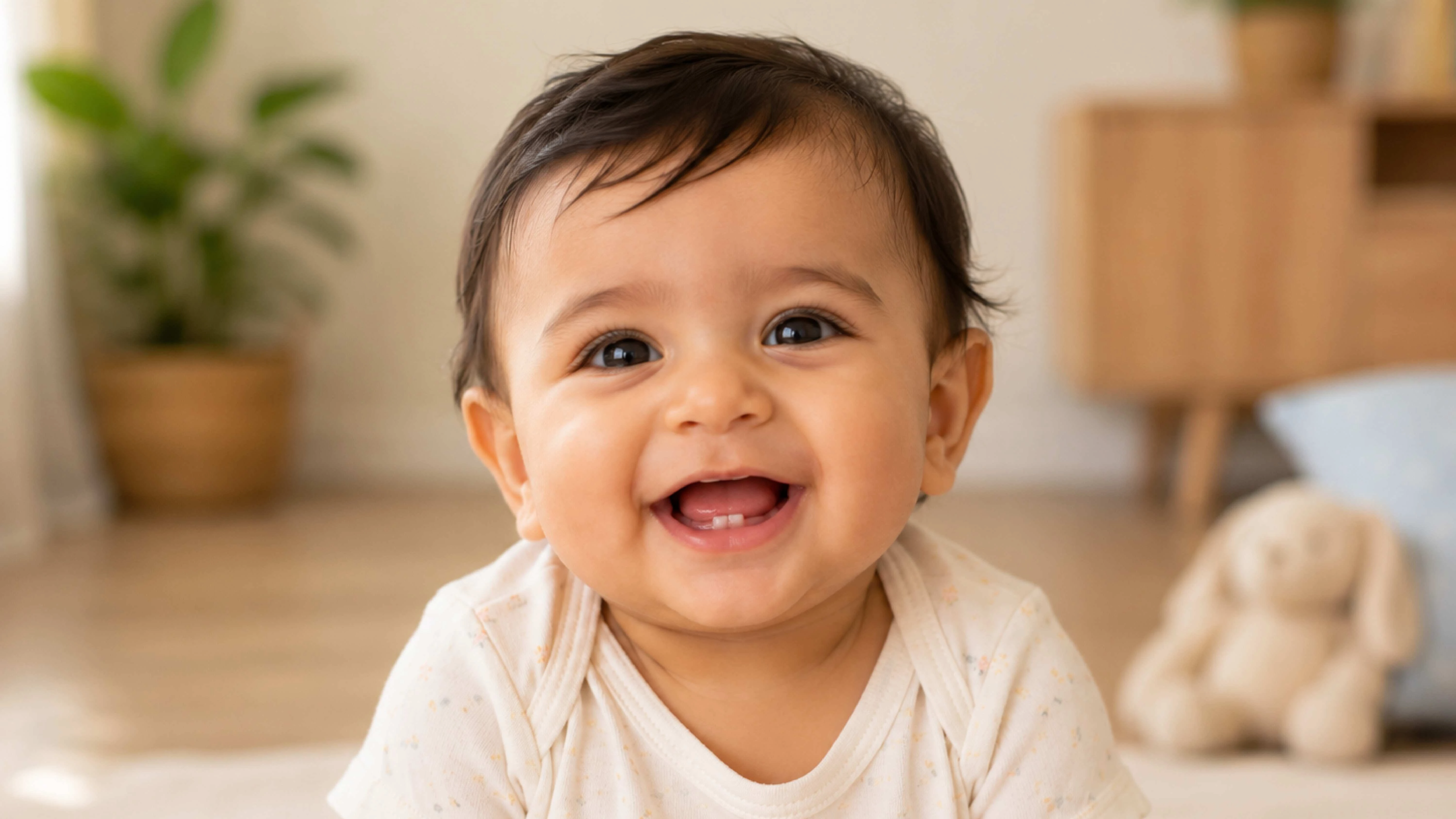 Baby smiling with newly erupted lower front primary teeth.