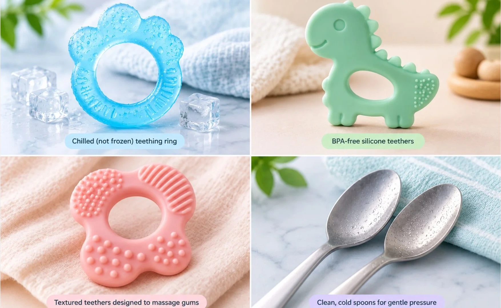 Teething relief options including a chilled teething ring, silicone teethers, textured teether, and clean spoon for soothing a baby’s gums.