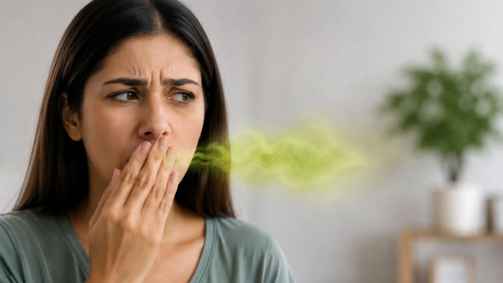 Woman covering her mouth due to bad breath (halitosis)