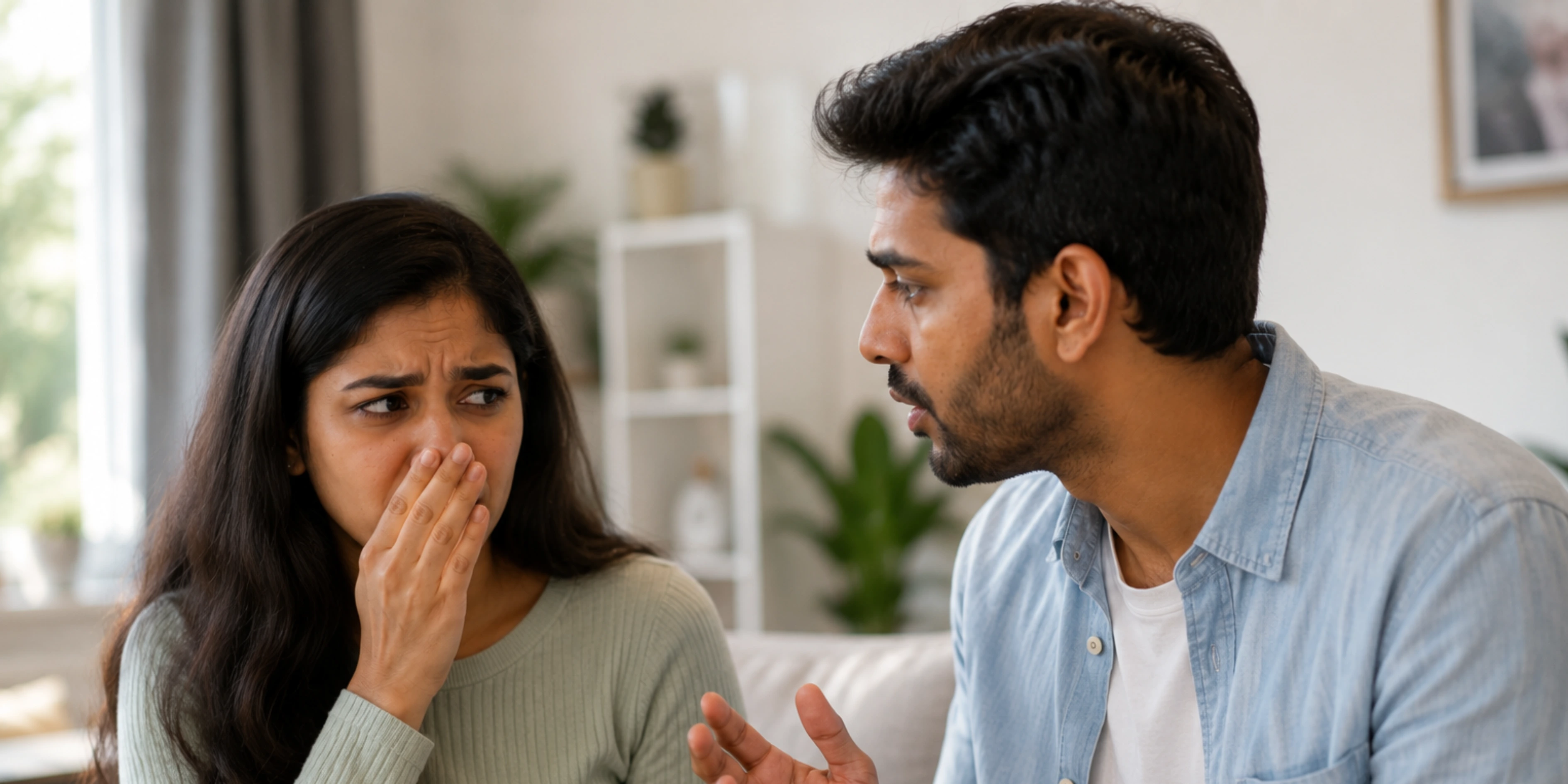 Woman covering nose due to unpleasant breath during conversation, showing impact of halitosis