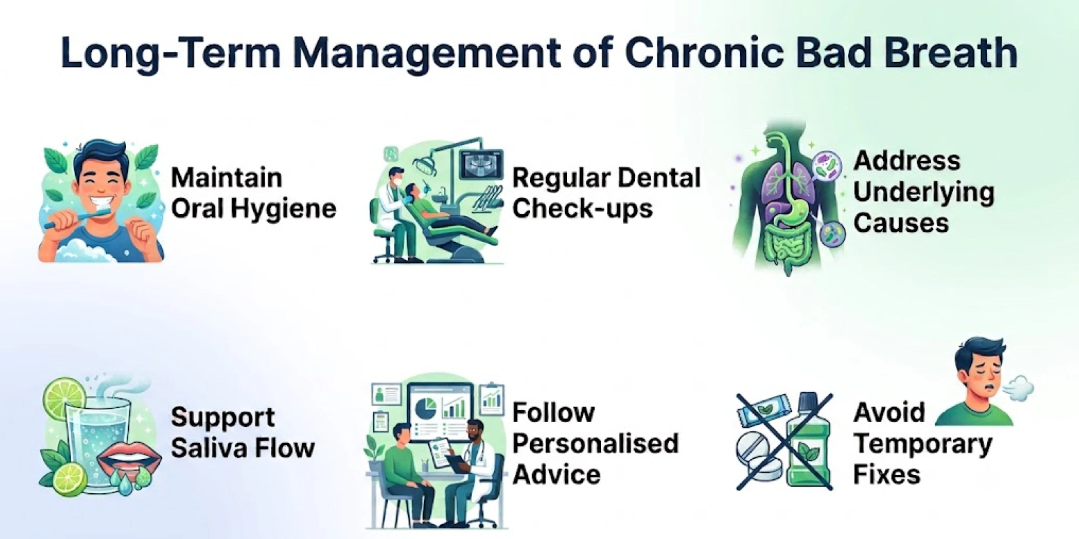 Infographic titled ‘Long-Term Management of Chronic Bad Breath’ showing six steps: maintain oral hygiene, regular dental check-ups, address underlying causes, support saliva flow, follow personalised advice, and avoid temporary fixes.