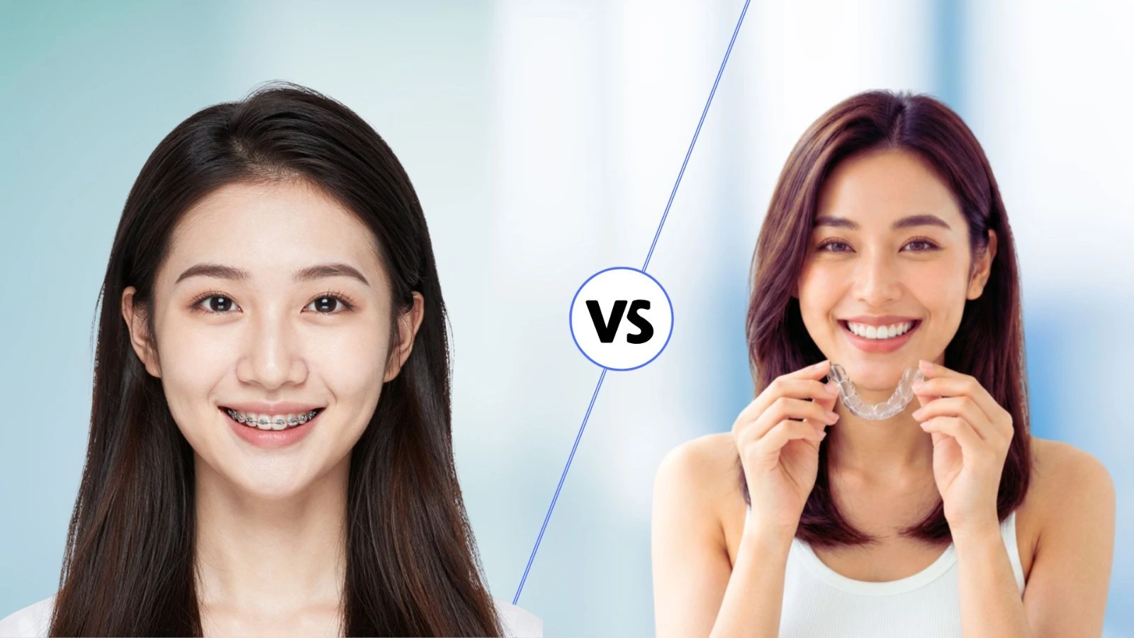 Woman wearing dental braces compared with a woman holding clear aligners for orthodontic treatment.