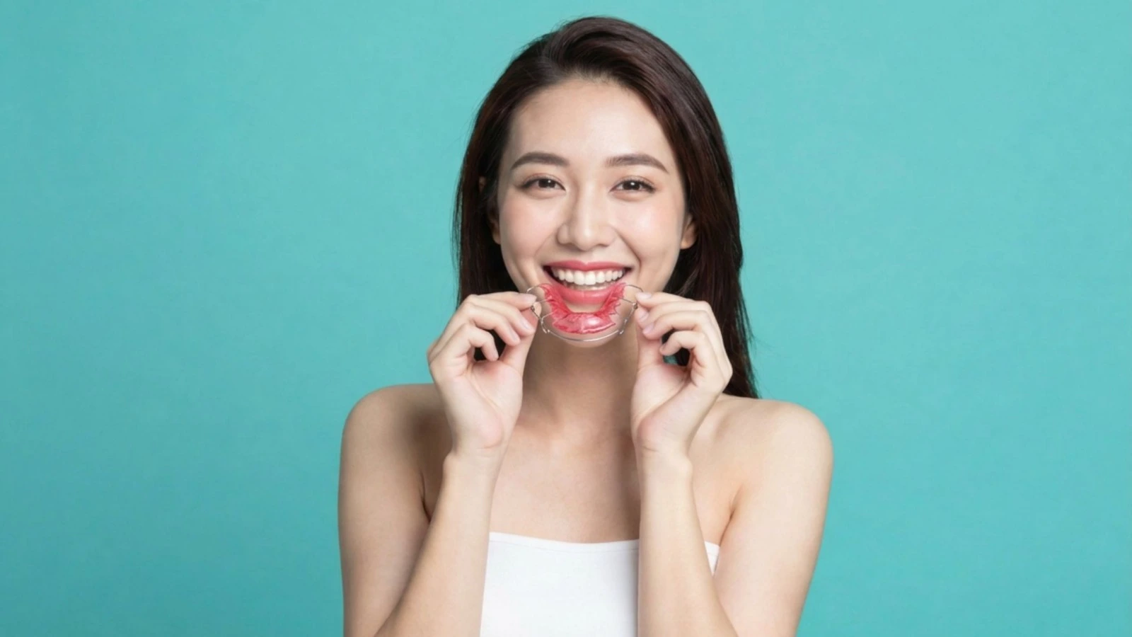 Woman holding a removable dental retainer used to maintain teeth alignment after orthodontic treatment.