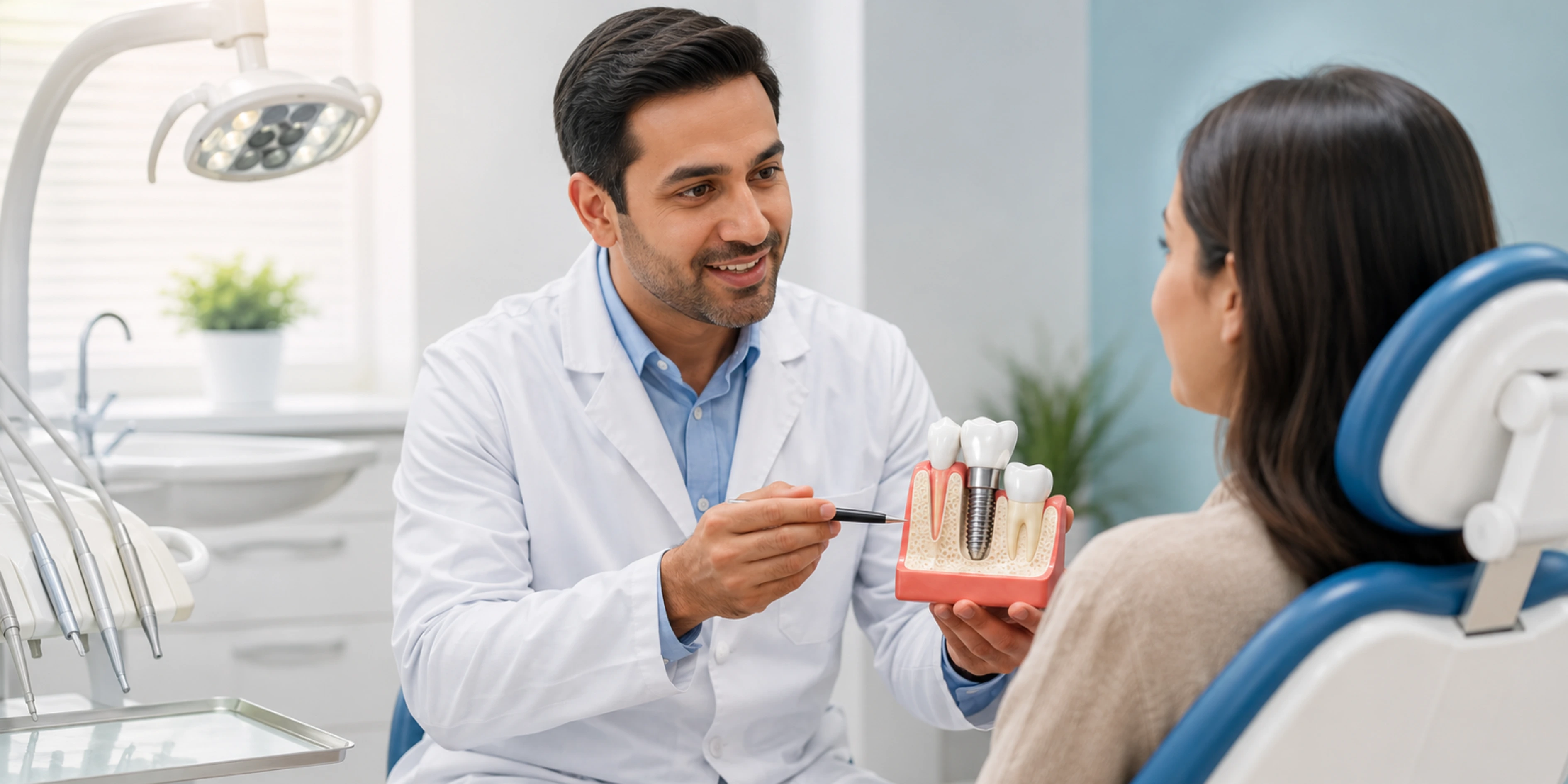 Dentist in a modern dental clinic showing a tooth implant model and discussing treatment with a seated patient.