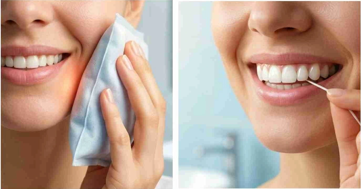 Patient using a cold compress and maintaining oral hygiene during dental implant recovery