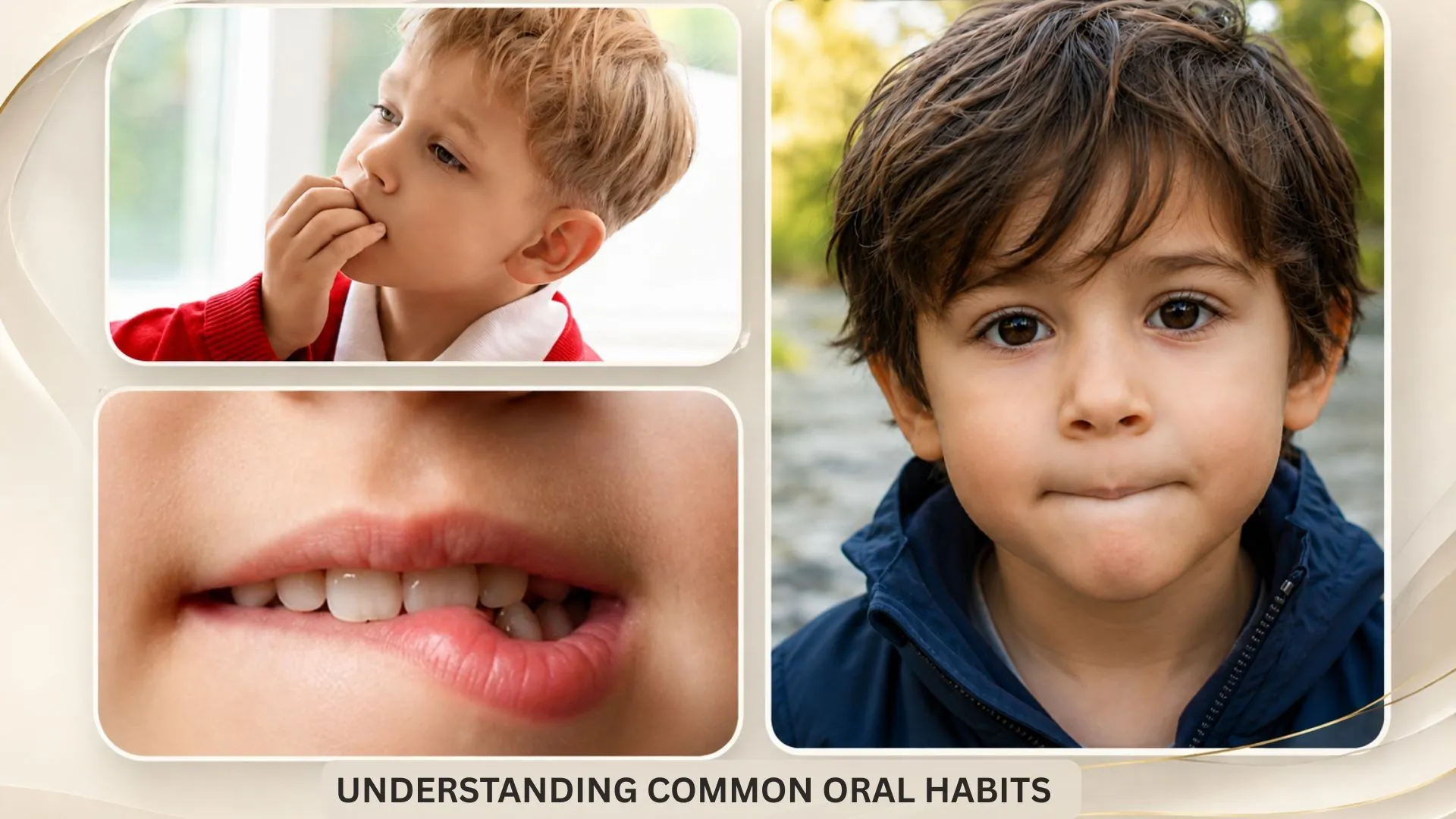 Children demonstrating common oral habits, including finger sucking and lip biting.
