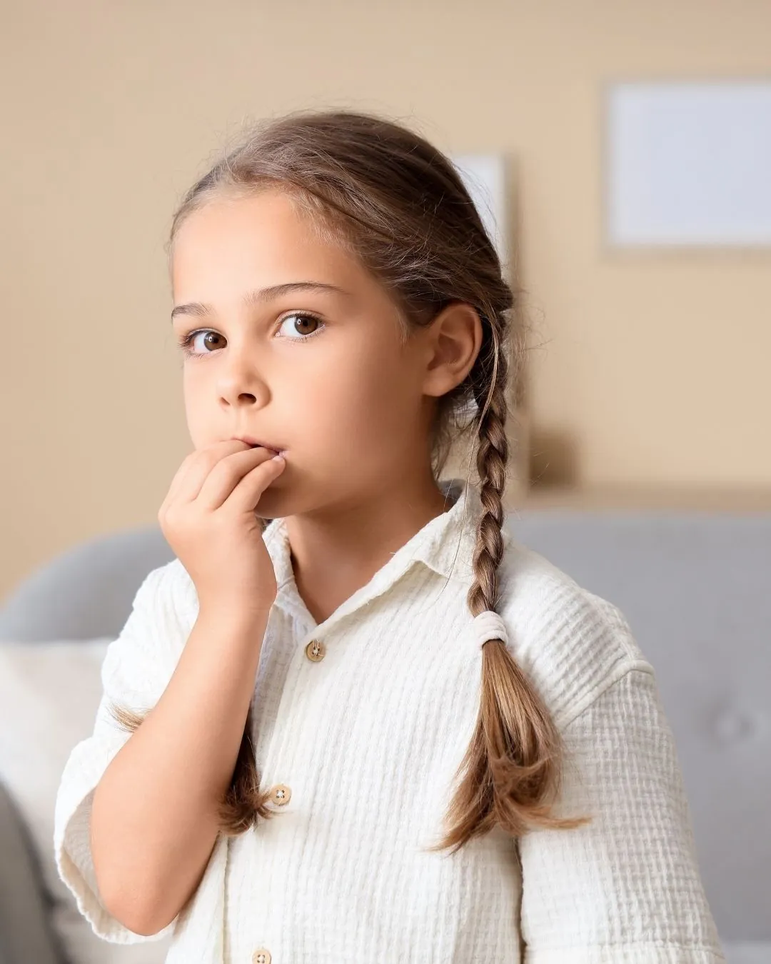 Young girl biting her fingernails, illustrating nail biting as a childhood oral habit that may affect teeth and bite.