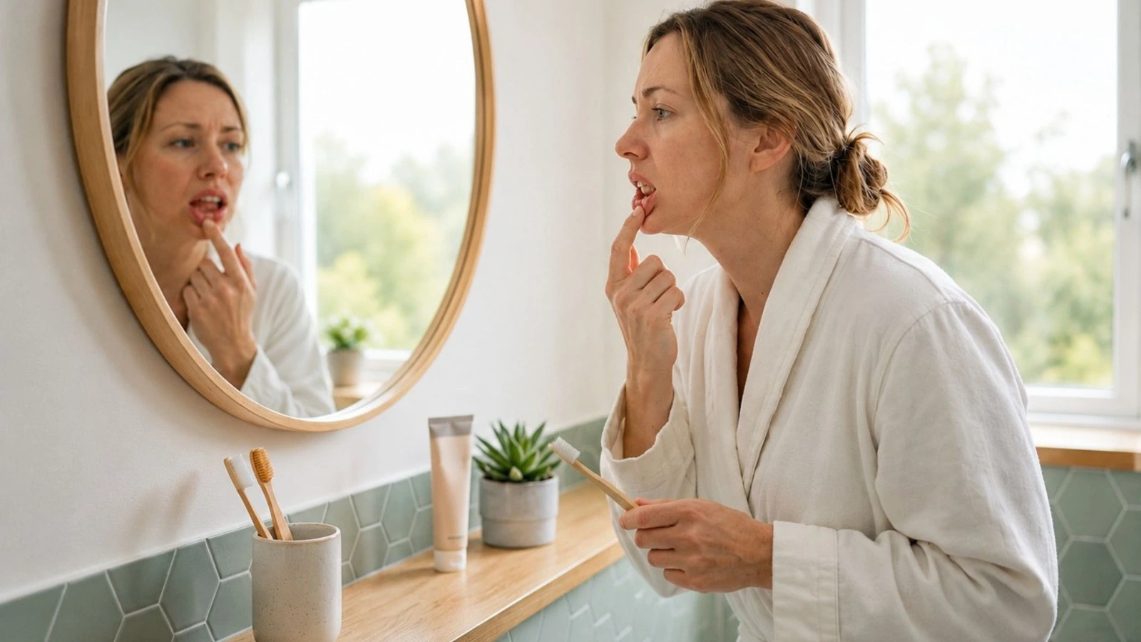 Woman checking her gums in the mirror.