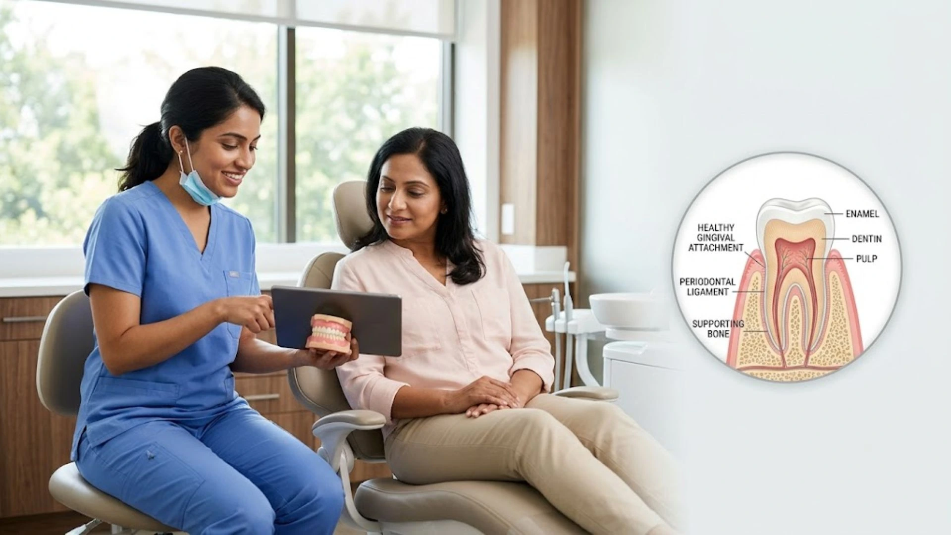 Female dentist showing gum disease details on a tablet while holding a dental model
