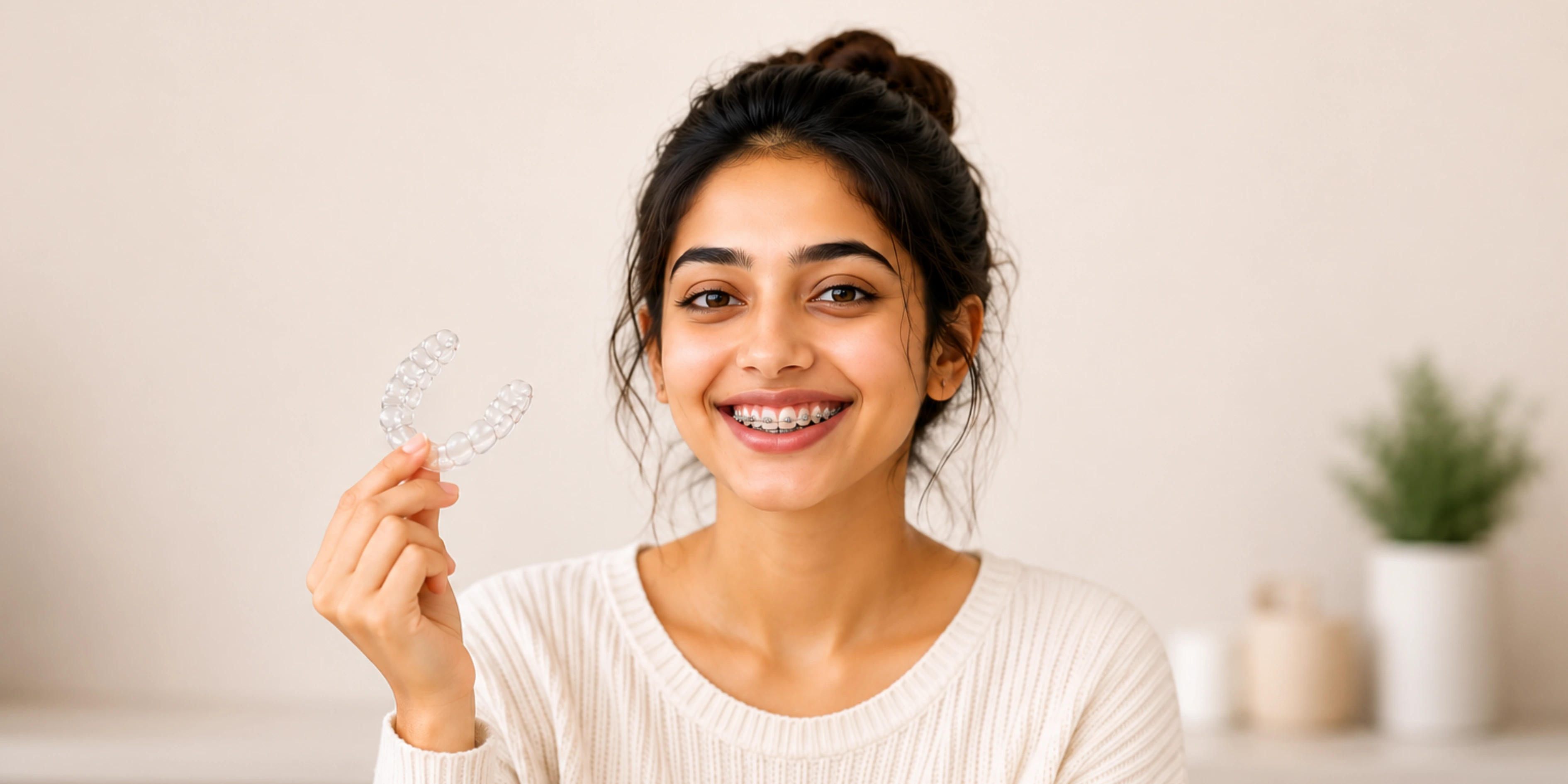 Young woman with braces smiling and holding a clear aligner, centered in a minimal studio setting, representing orthodontic treatment options and patient experience.