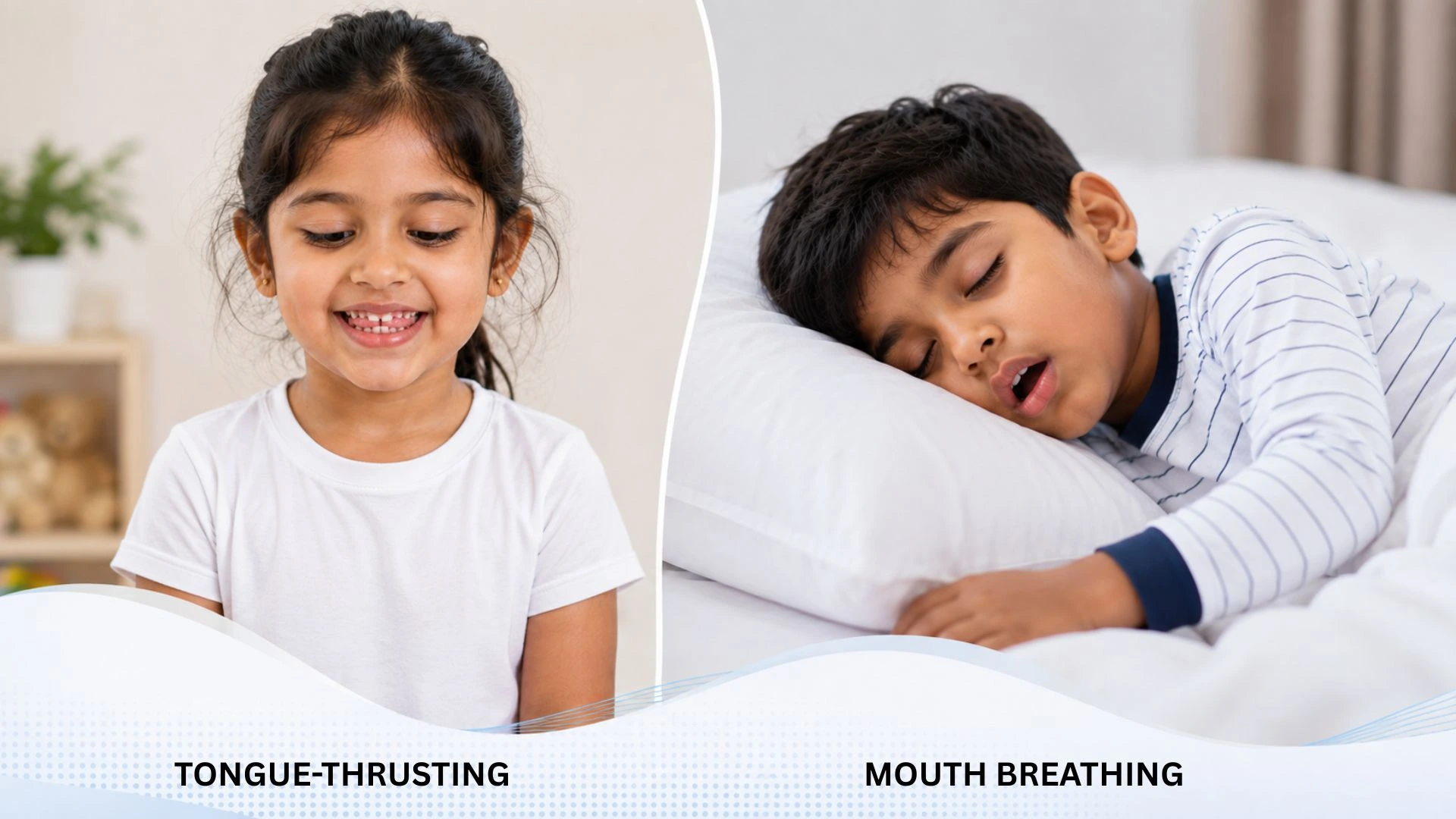 Split image showing a child demonstrating tongue thrusting and a child sleeping with their mouth open, illustrating tongue thrusting and mouth breathing in children