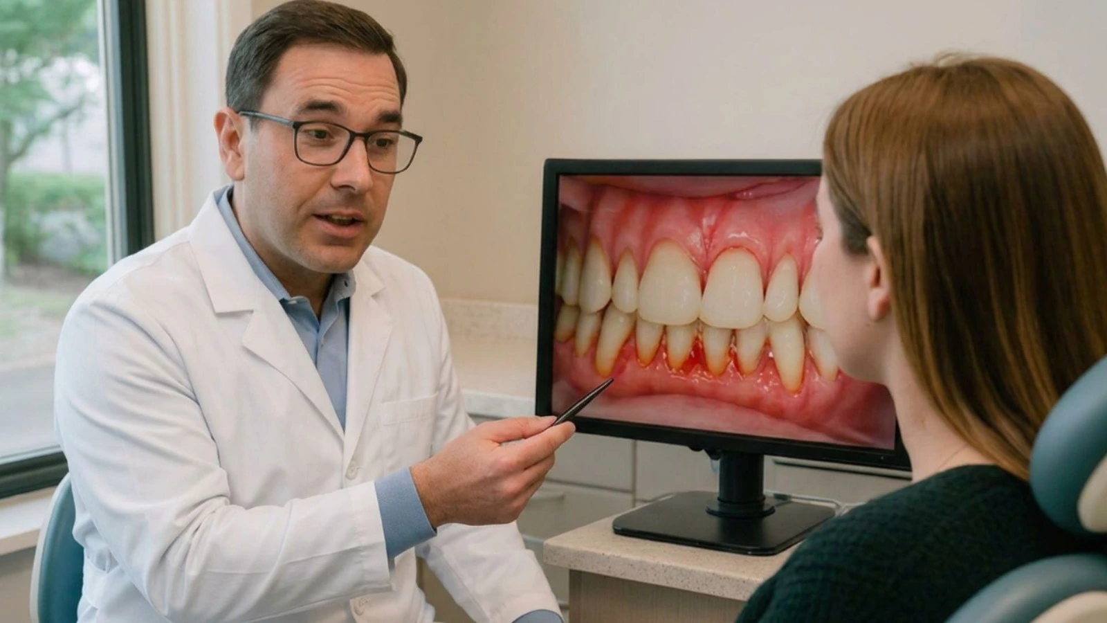 Dentist explaining periodontal disease and gum health to a patient during a dental consultation       