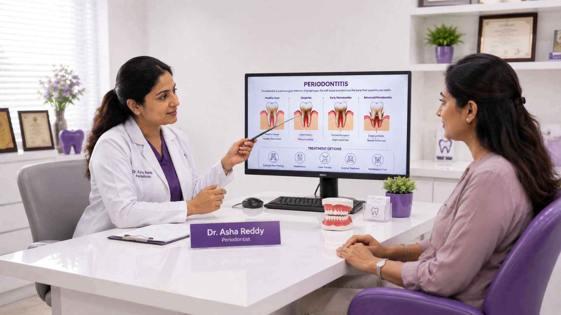 Periodontist discussing gum disease treatment with a patient using a dental model in a clinic.