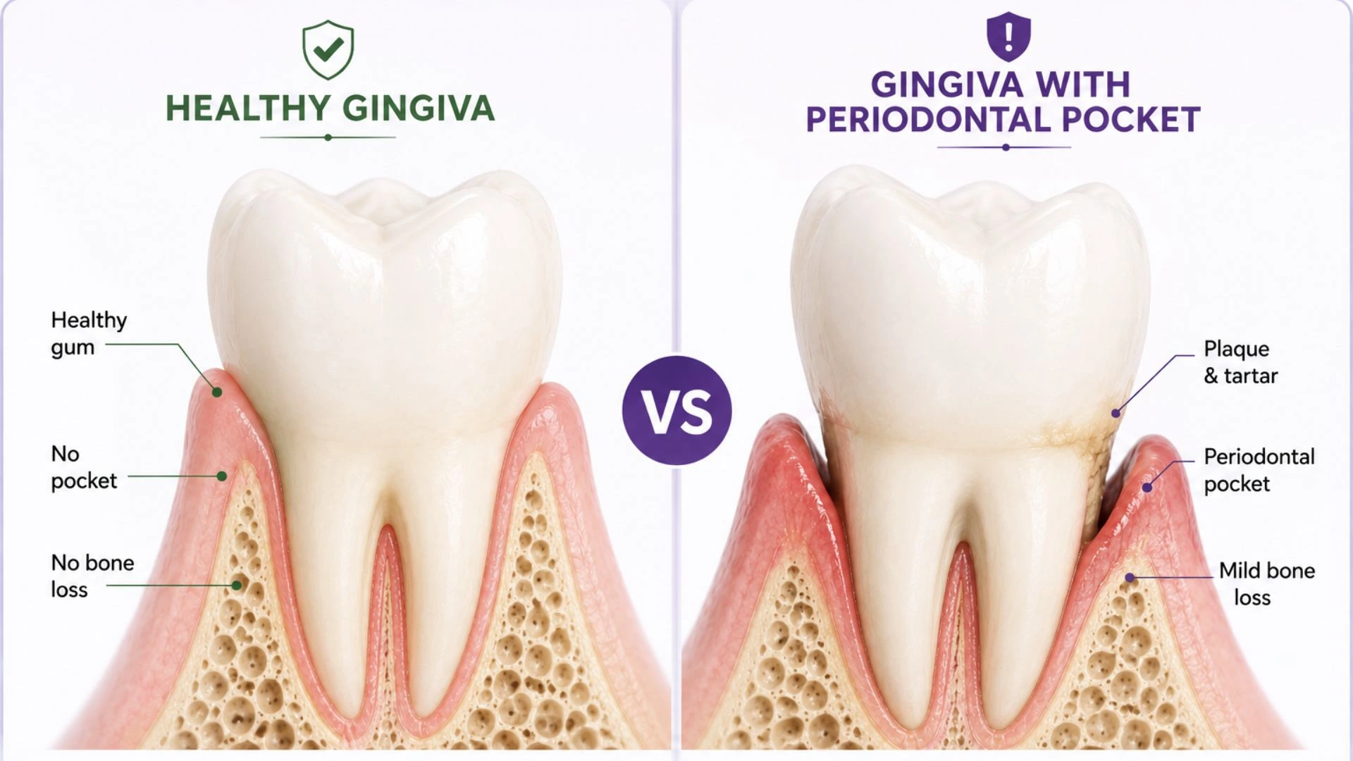 Dental illustration comparing healthy gingiva with snug gums and no bone loss versus a periodontal pocket showing plaque, gum inflammation, and mild bone loss.