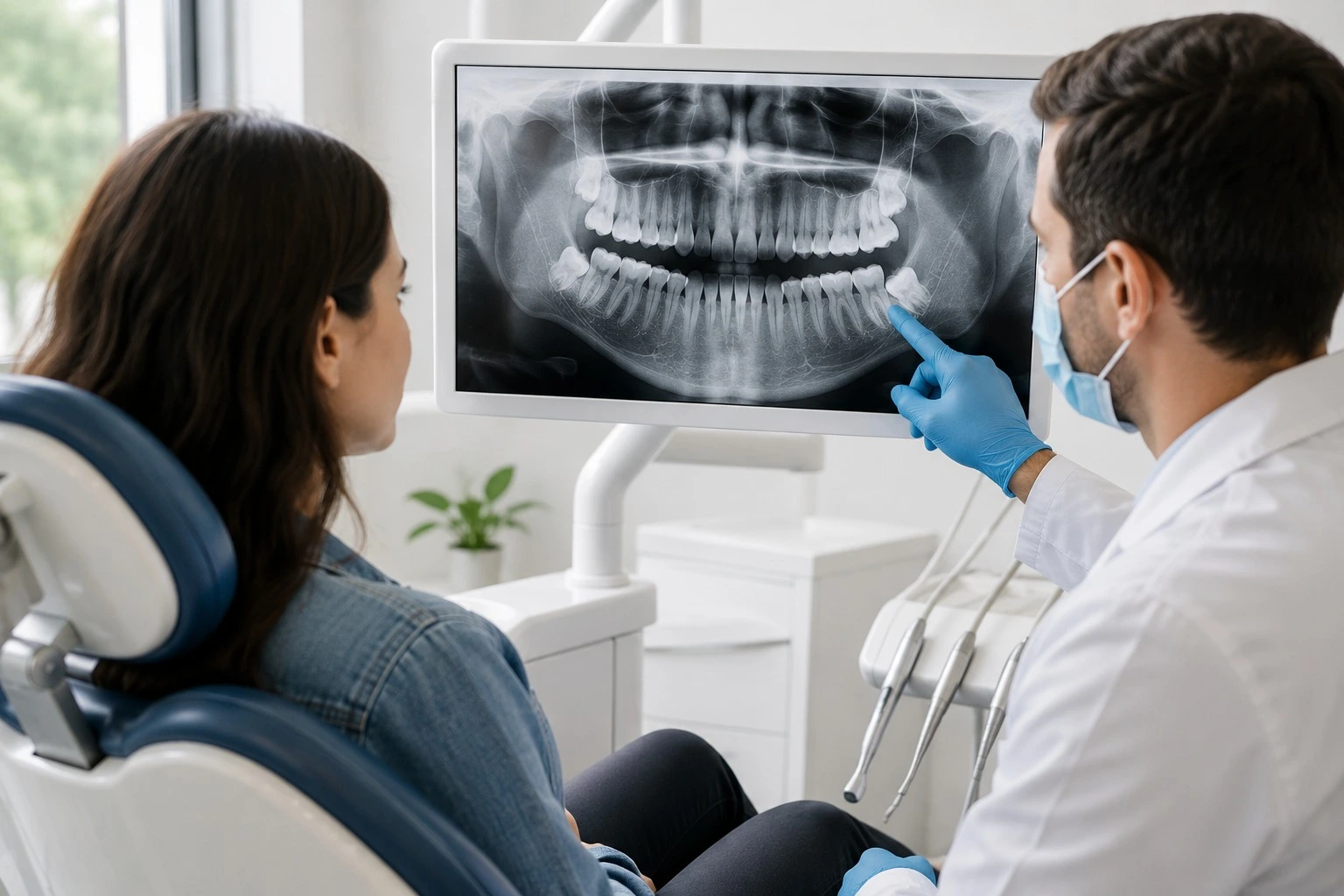 Dentist reviewing a wisdom tooth X-ray