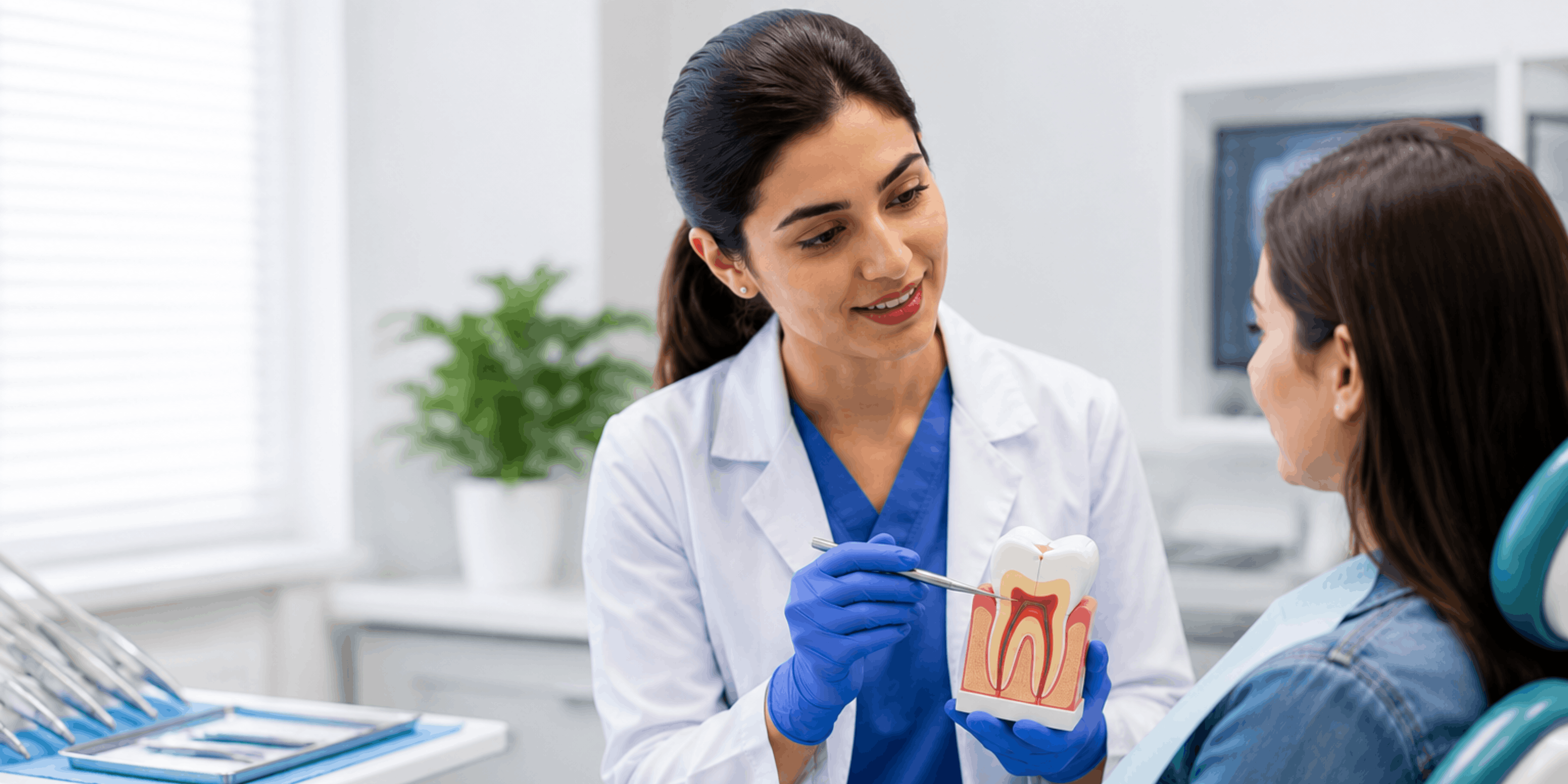 Dentist explaining tooth structure with a dental model to a patient during a dental consultation.
