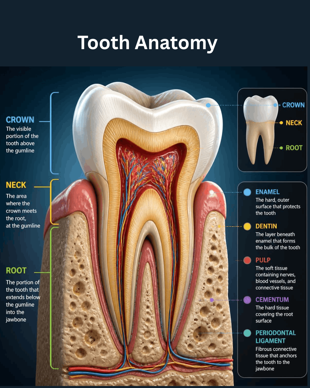 Detailed diagram of tooth structure highlighting crown, neck, root and internal layers including enamel, dentin, pulp, cementum, and periodontal ligament.