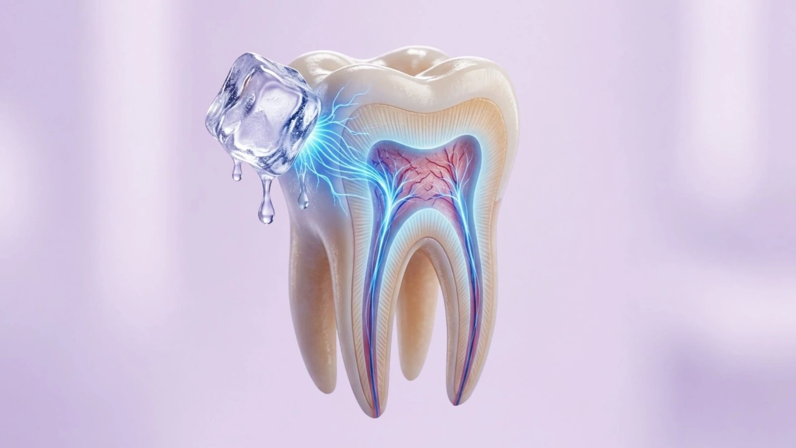 Illustration of a sensitive tooth reacting to an ice cube due to exposed dentin, causing sudden tooth sensitivity.