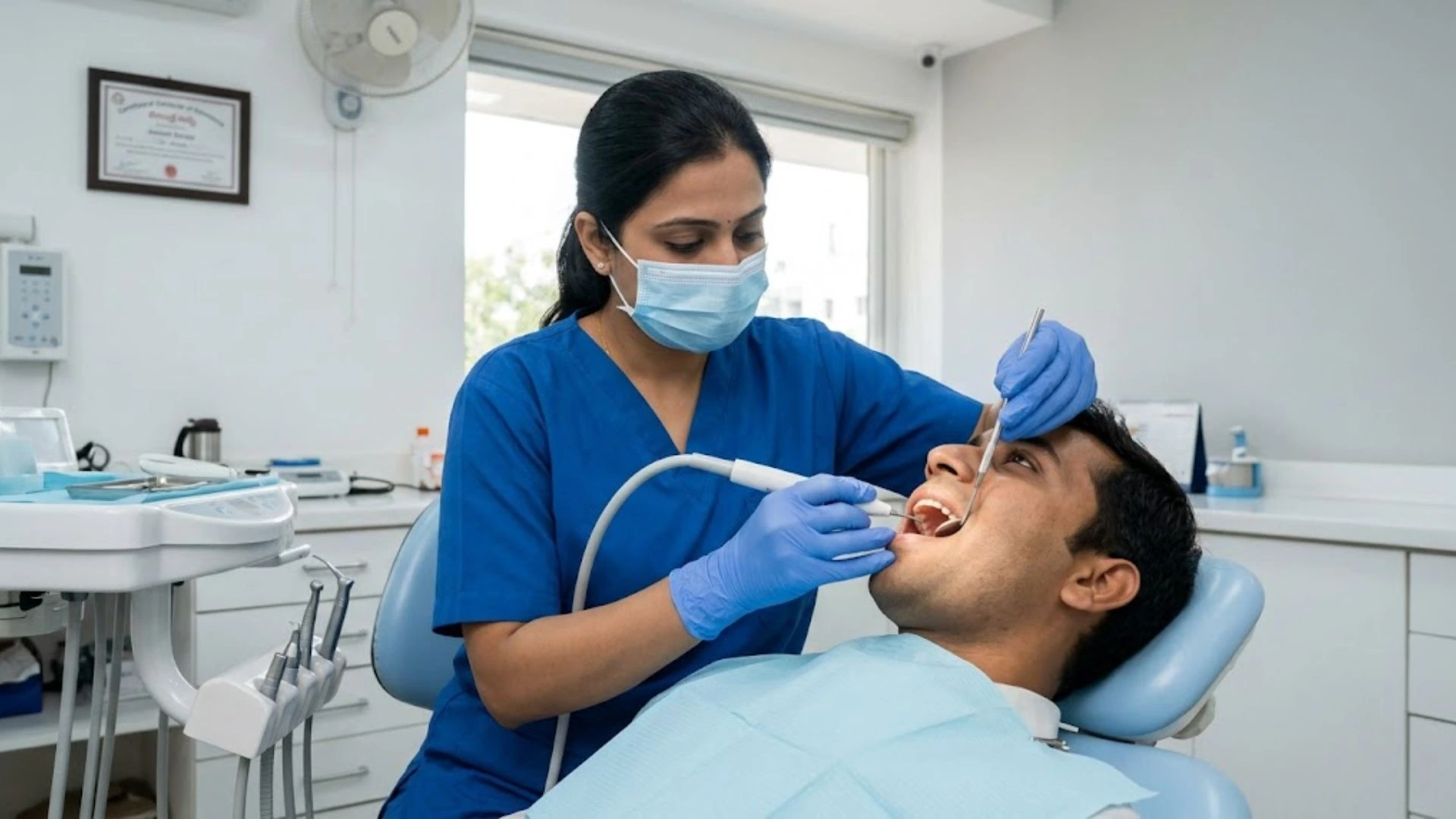 Dentist performing a professional teeth cleaning and oral examination on a male patient in a modern dental clinic.