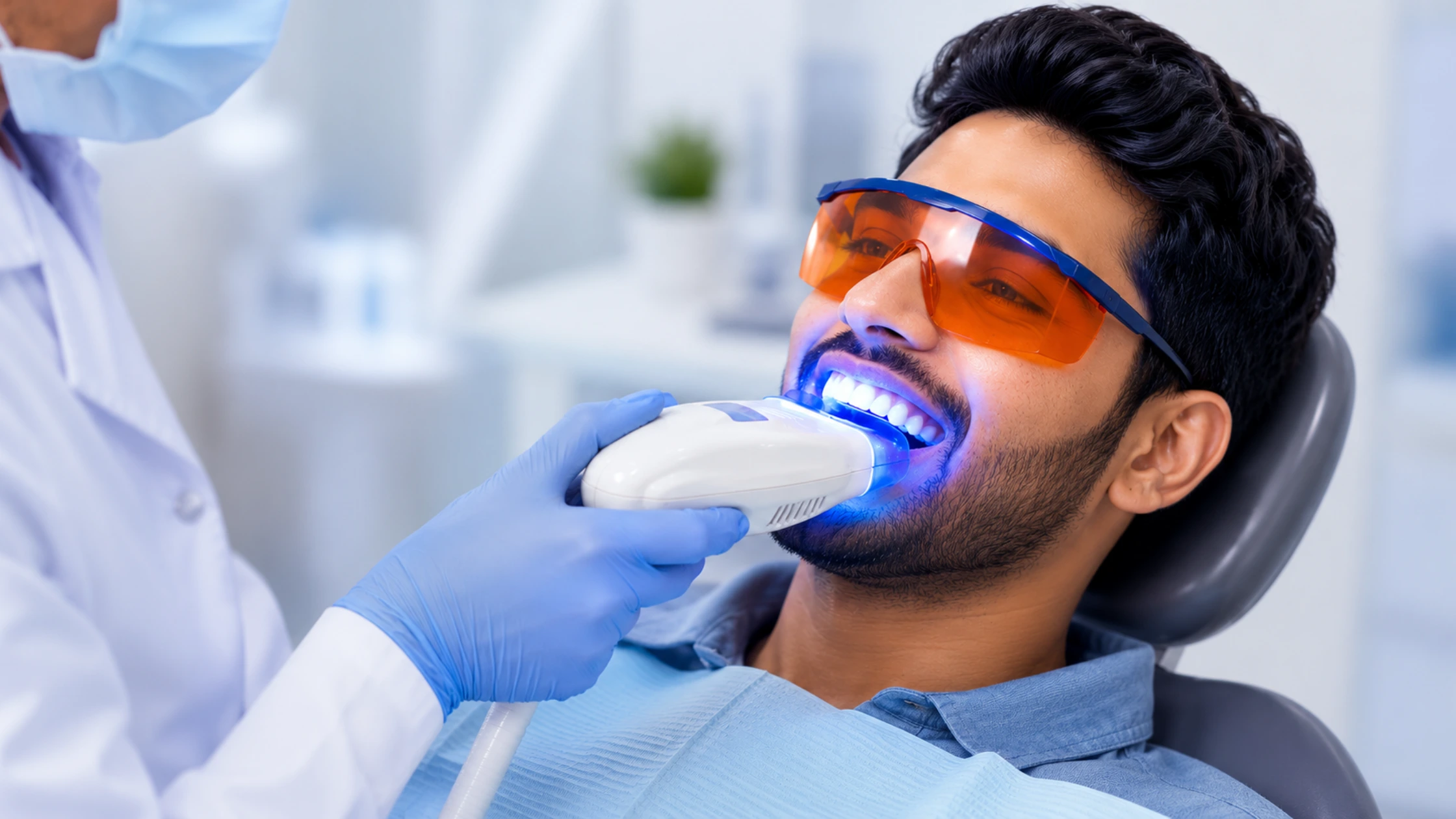 A patient in a dental chair wearing protective orange glasses while a dentist applies a professional laser teeth whitening treatment.