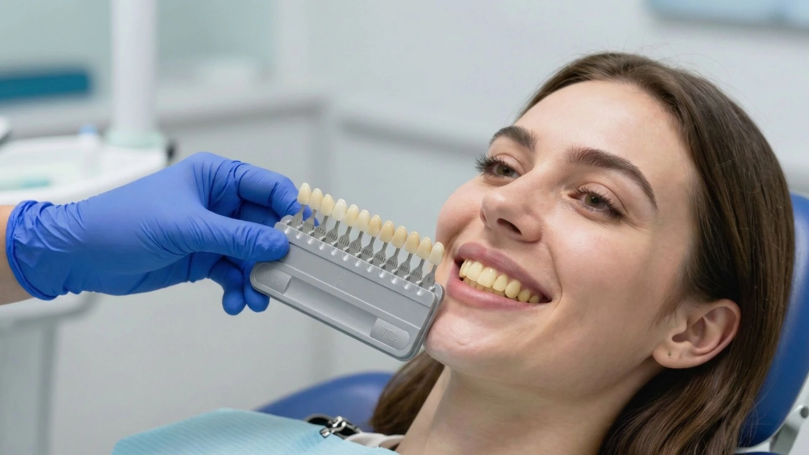 Dentist assessing tooth shade before teeth whitening