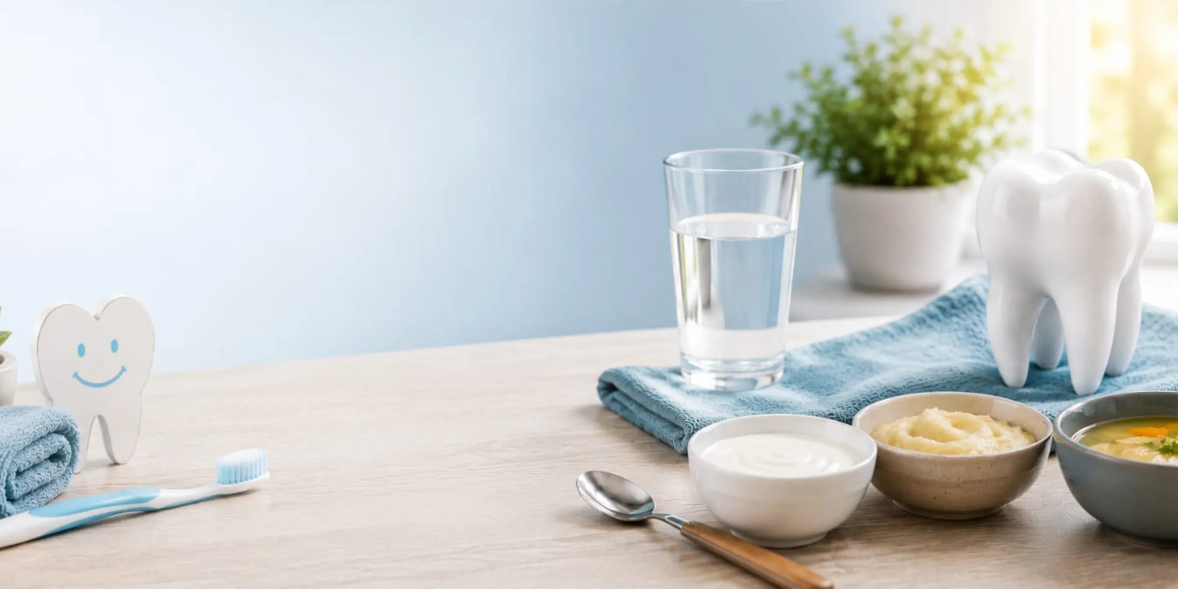 Soft foods, water, and oral care items displayed on a table to represent tooth extraction recovery and aftercare.