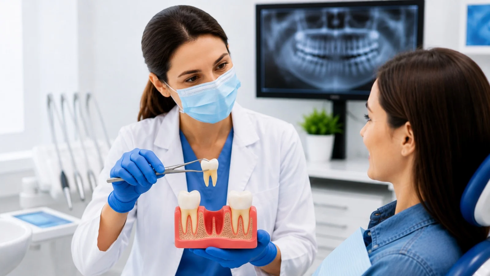  Dentist explaining tooth extraction procedure to female patient using dental model