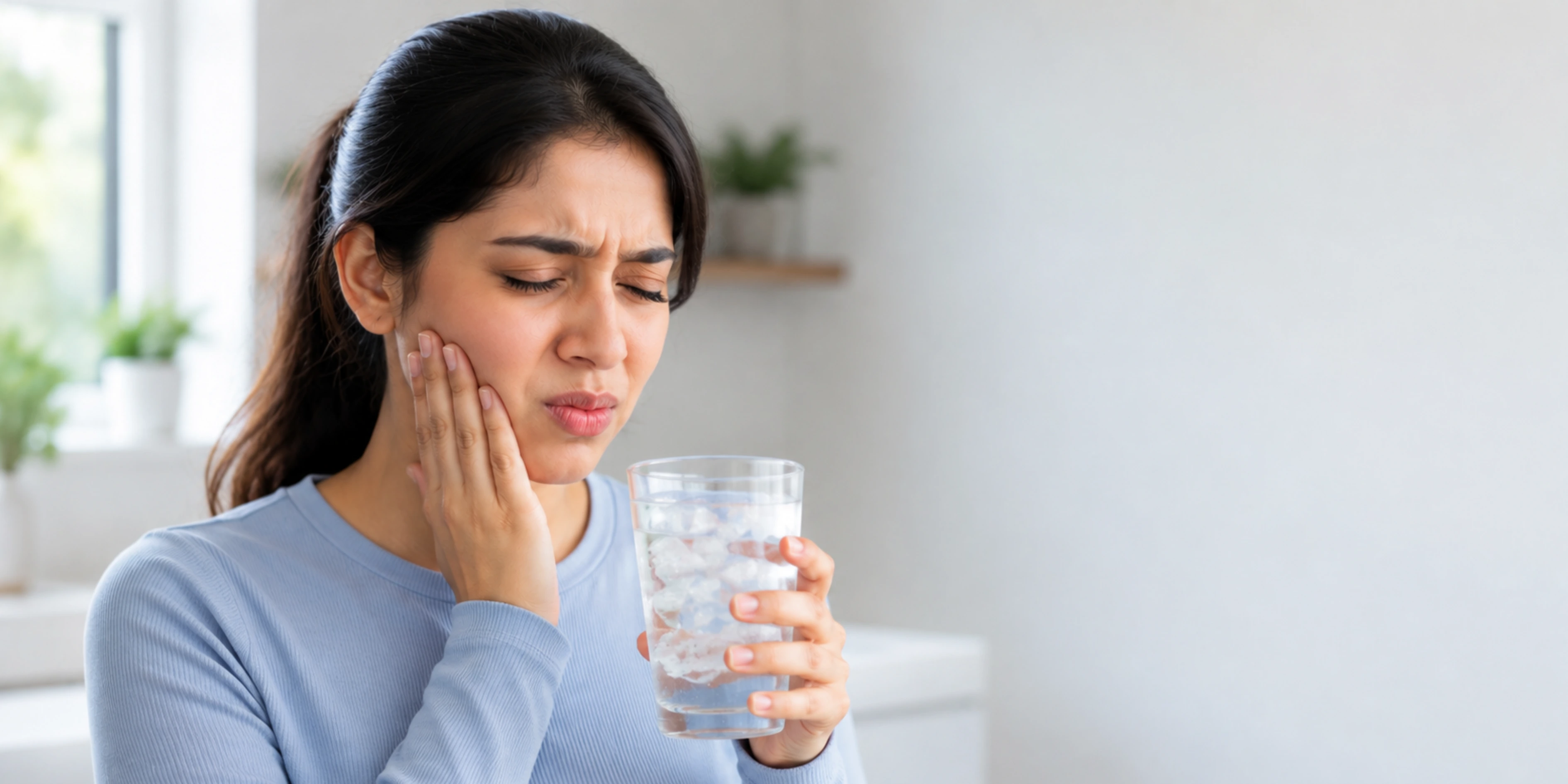 A woman holding a glass of ice water, touching her cheek and wincing in pain, demonstrating the discomfort caused by sensitive teeth.