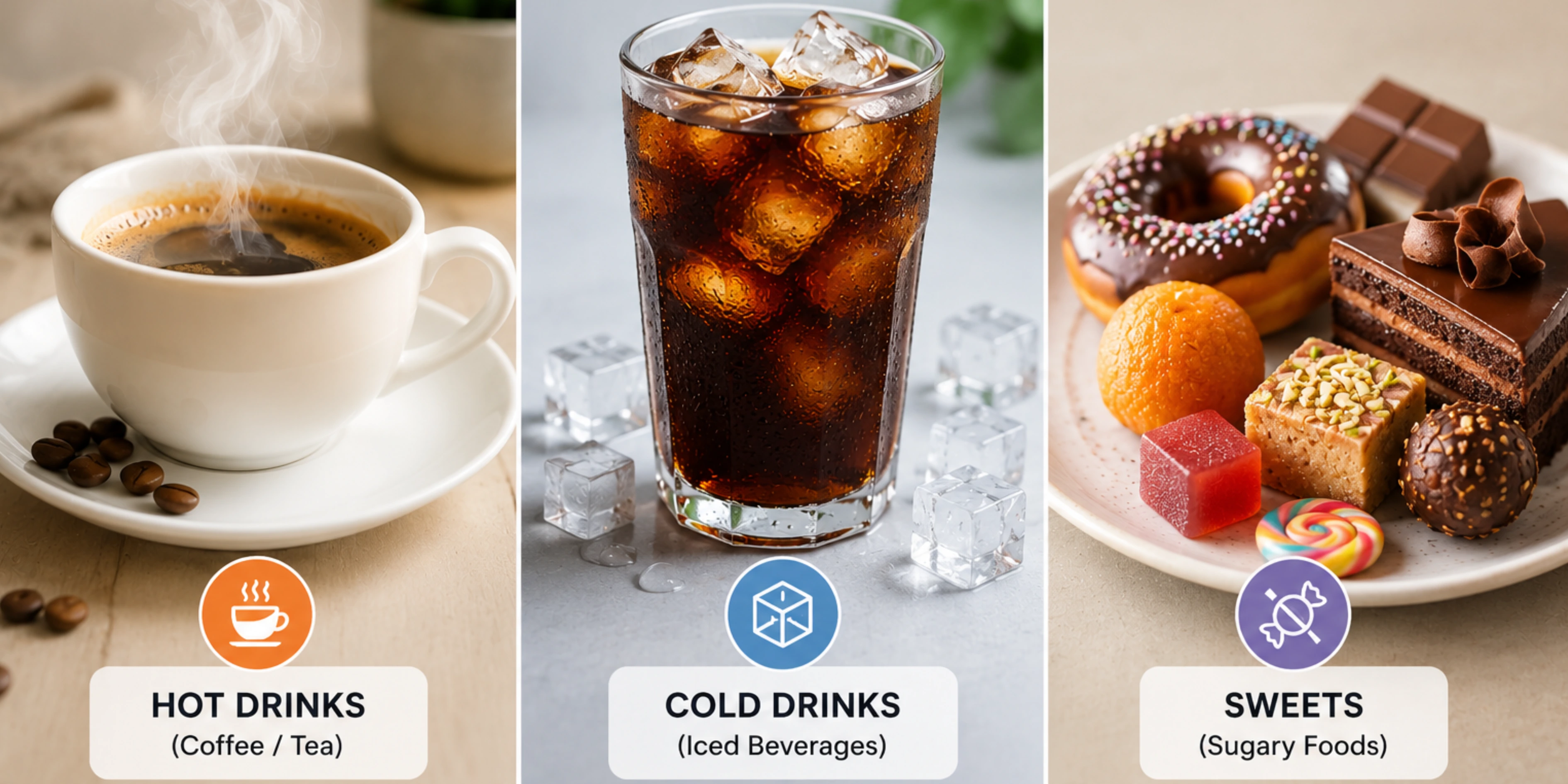 A collage showing three common tooth sensitivity triggers: a steaming cup of hot coffee, a glass of cold iced beverage, and a plate of assorted sugary desserts like donuts and chocolates.