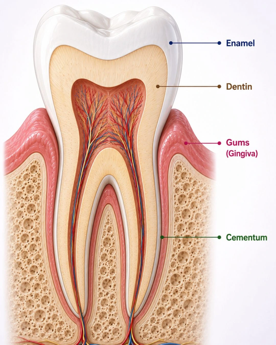 Medical illustration showing a cross-section of a human tooth, with labels pointing to the enamel, dentin, gums (gingiva), and cementum, revealing the interior tooth structure and nerve pathways.