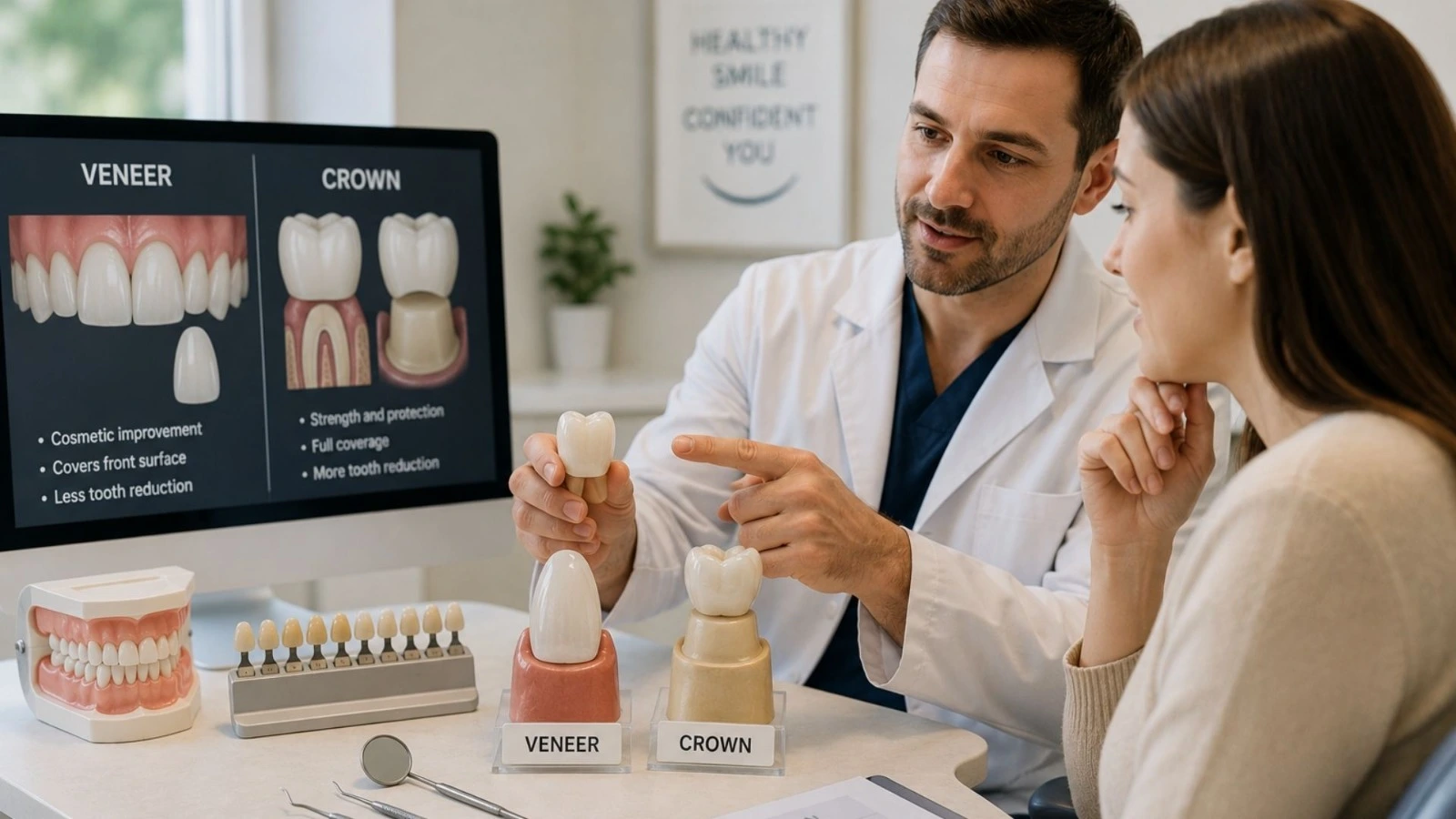 Dentist explaining the difference between dental veneers and crowns using tooth models and a comparison display.