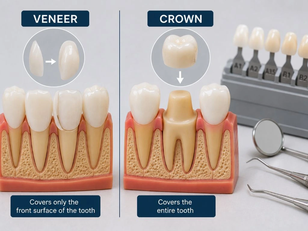 Illustration comparing dental veneers and crowns, showing veneers covering the front surface of a tooth and crowns covering the entire tooth.