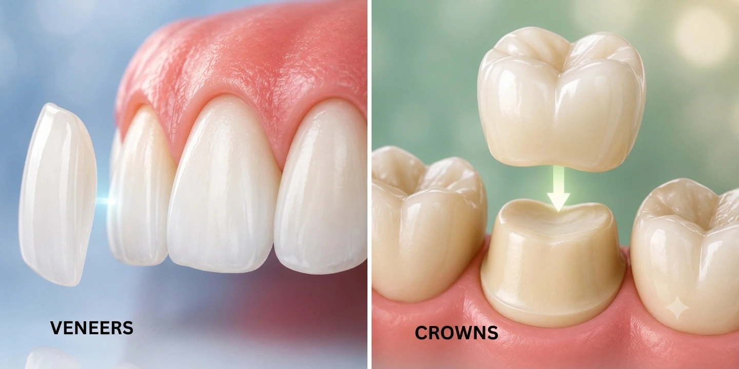 Comparison of dental veneers and crowns showing how veneers cover the front surface of a tooth while crowns cover the entire tooth.