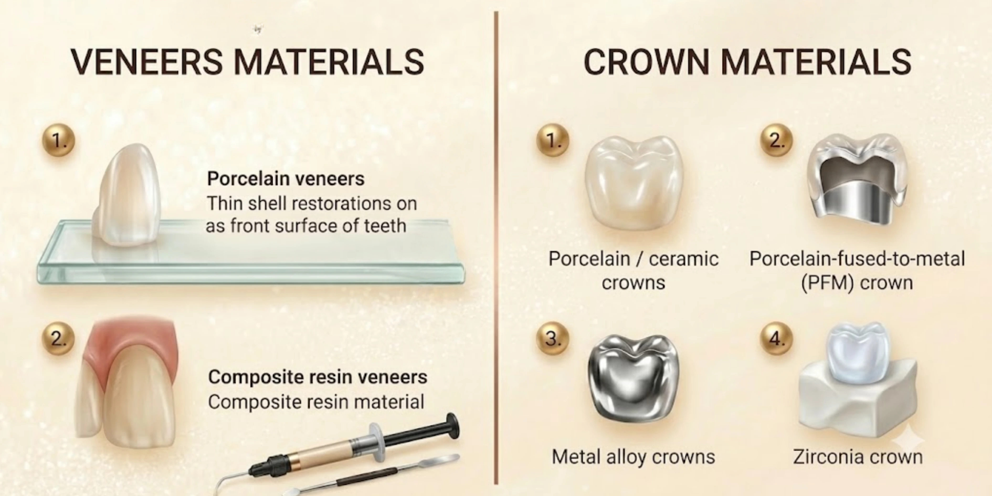 A dental infographic split into two sections on a cream background. The left side, 'Veneers Materials', shows two numbered illustrations of thin surface restorations (Porcelain and Composite). The right side, 'Crown Materials', features four numbered illustrations of full tooth caps (Porcelain, PFM with a silver base, silver Metal Alloy, and Zirconia). All items include short, clear text labels.