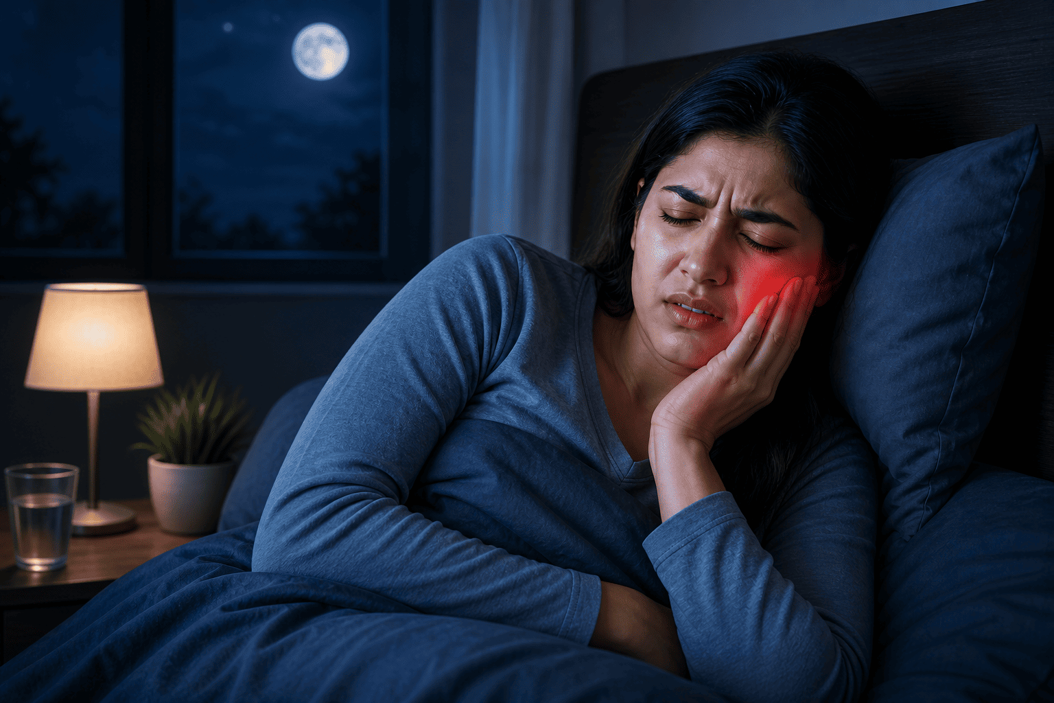 person experiencing severe tooth pain at night while lying in bed