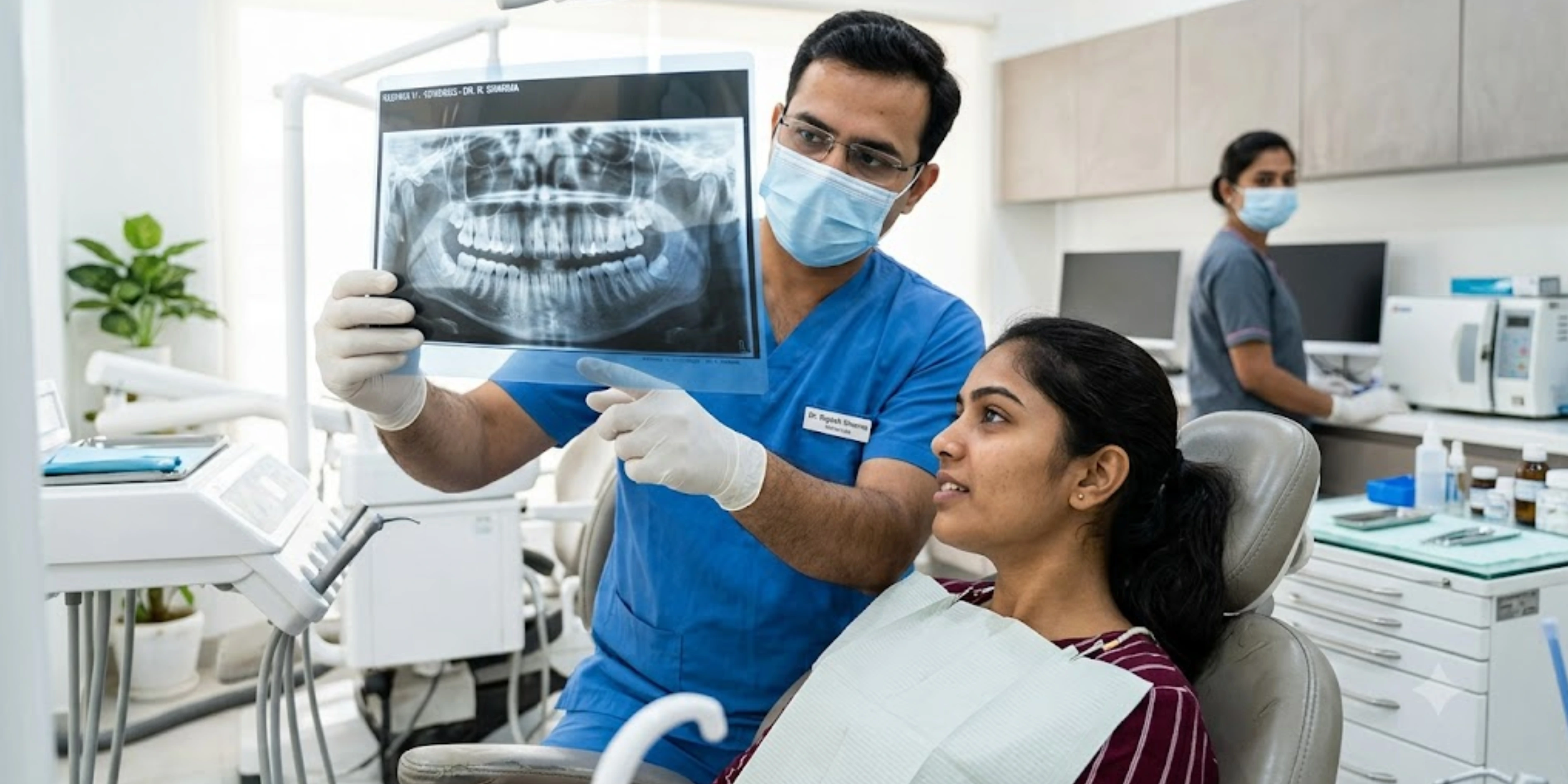 Dentist explaining wisdom tooth X-ray to patient during consultation in a dental clinic.