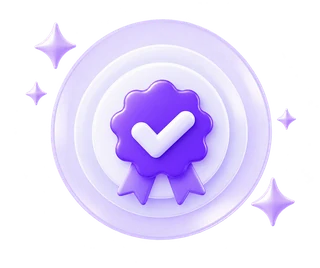 Verified quality rosette badge with ribbon and sparkles