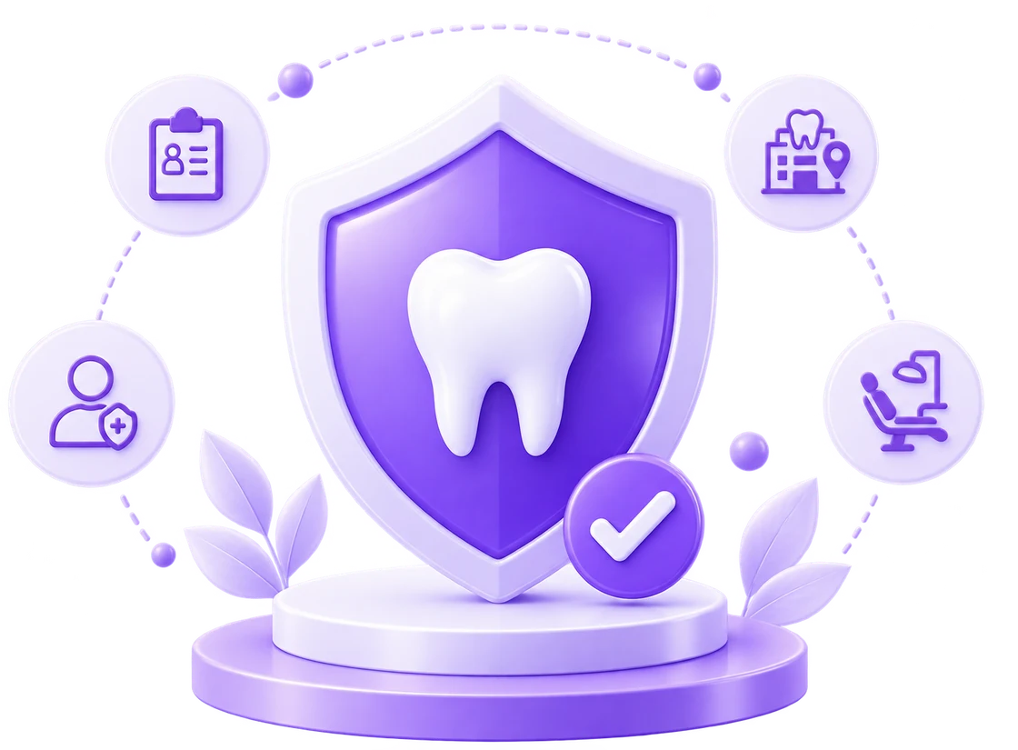 Dental clinic verification shield with tooth and check mark
